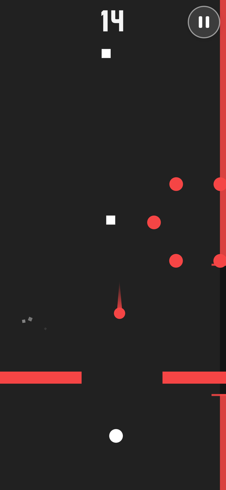 Avoid Me gameplay: the white dot below a red bar with a gap, red chasers and ring shots on a charcoal arena, score 14.