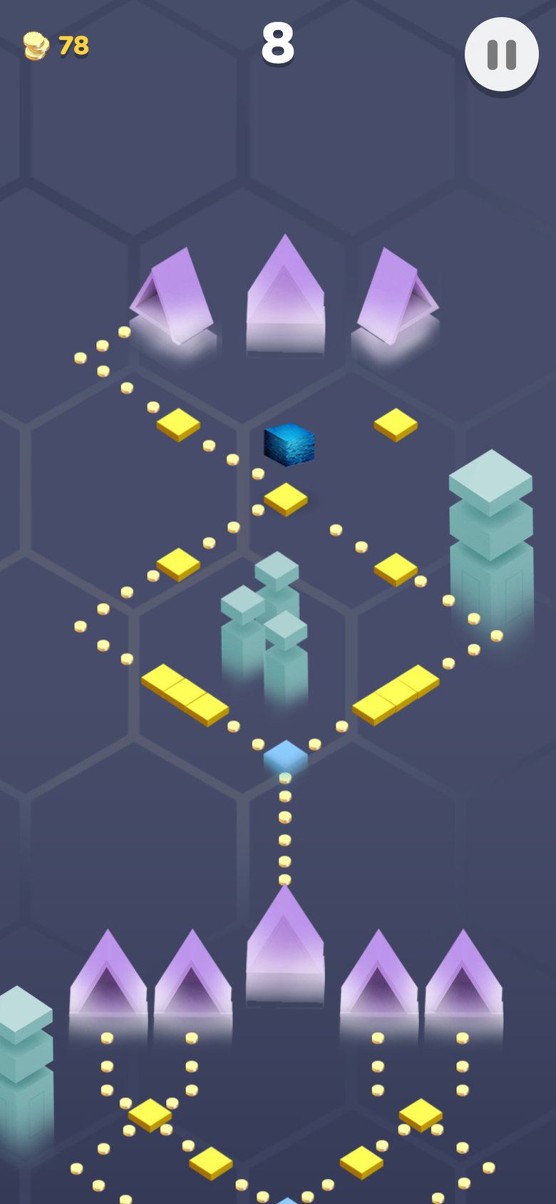Leapline gameplay: a cube on a dotted track between yellow tiles, mint towers and purple crystal portals, score 8.